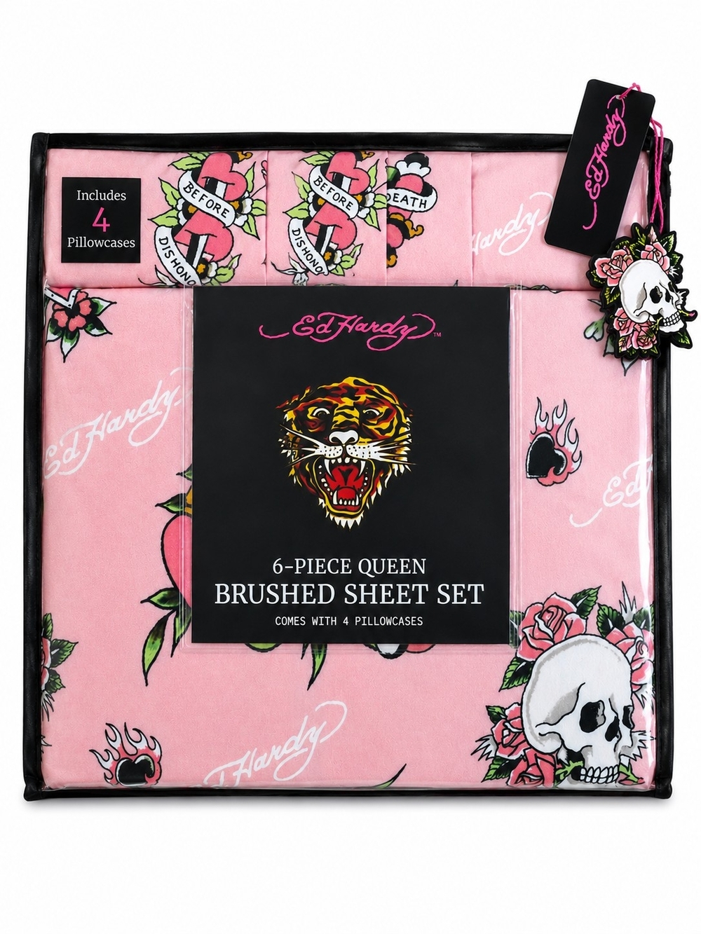 Ed Hardy Queen 6 Piece Pink Skull Rose Tattoo Sheet Set